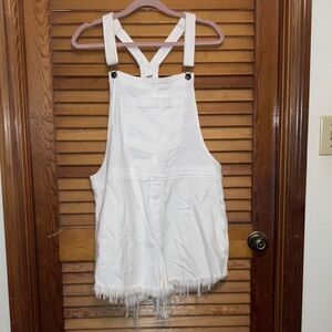 White Denim Overalls with Fringe Hem